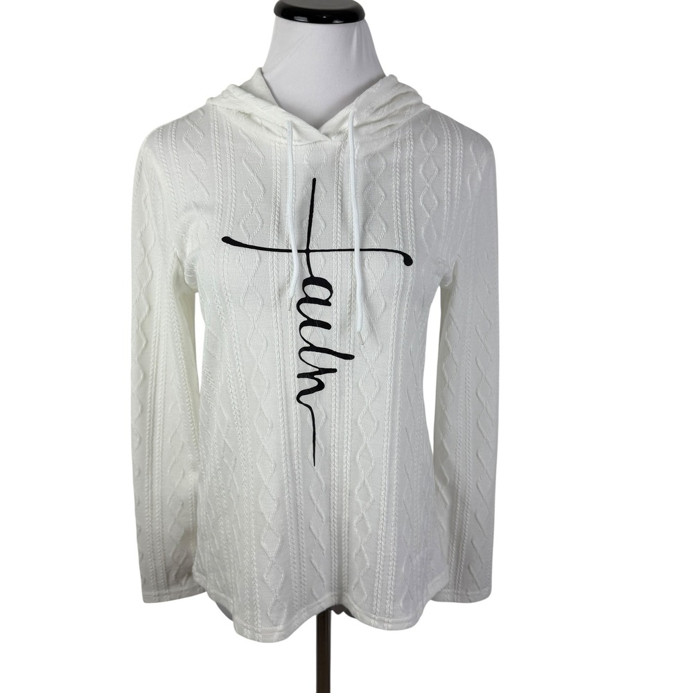 White‎ Cable Knit Faith Cross Graphic Hoodie Lightweight Top Women's Small